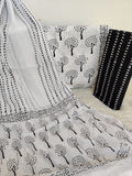 (Black & White) HAND BLOCK PRINTED COTTON SUIT WITH PURE CHIFFON DUPATTA