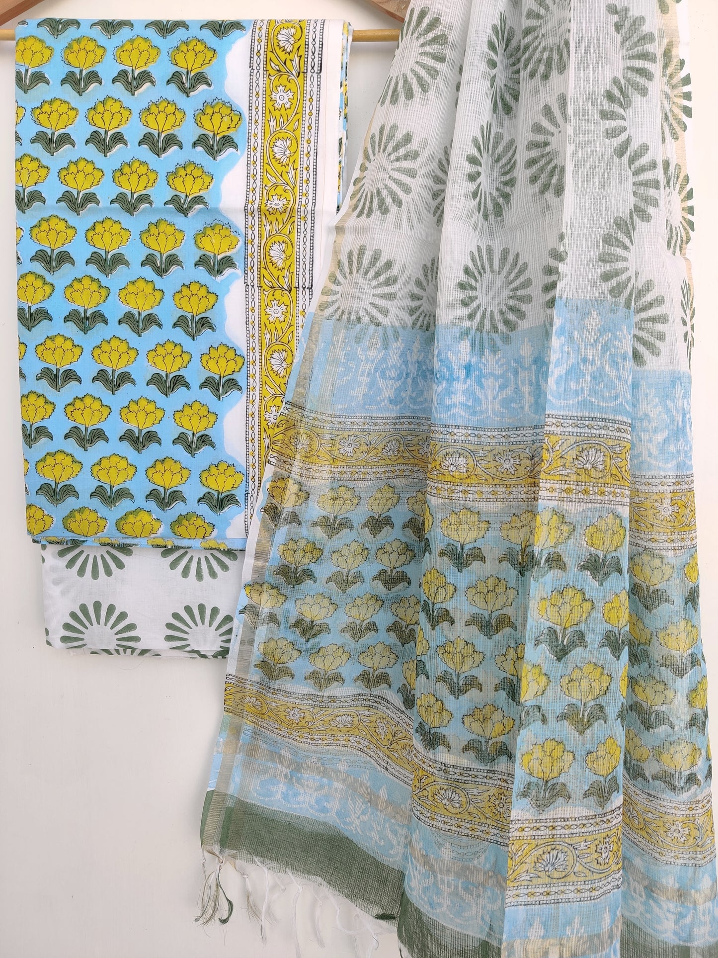Hand Block Printed Cotton Suit with Cotton Kota Doria dupatta