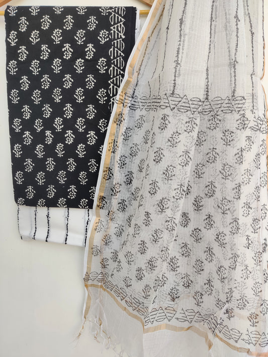 (Black & White) Hand Block Printed Cotton Suit with Cotton Kota Doria dupatta