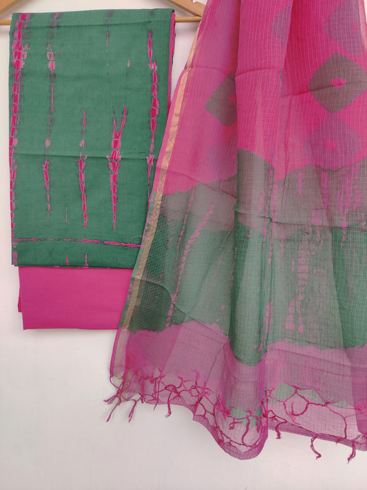 (Tie & Dye) Hand Block Printed Cotton Suit with Cotton Kota Doria dupatta
