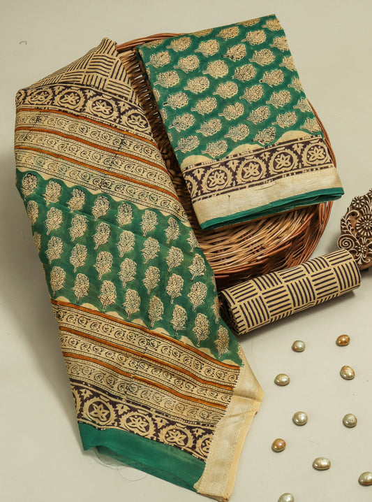 Hand Block Printed Maheshwari Silk Suit with Maheshwari Silk Dupatta  2
