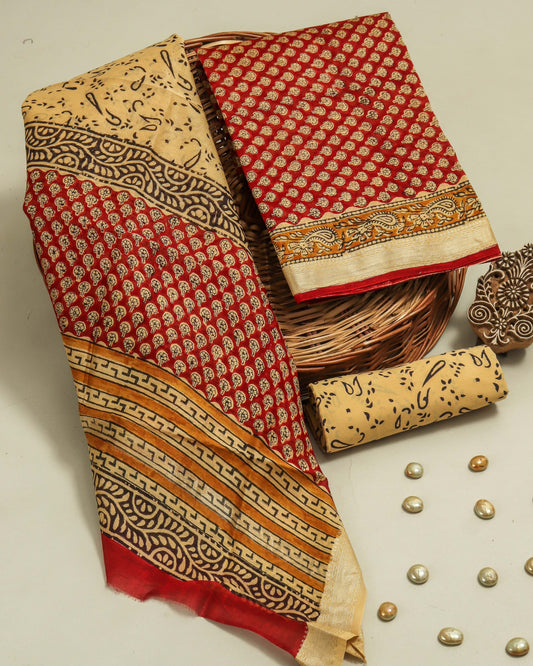 Hand Block Printed Maheshwari Silk Suit with Maheshwari Silk Dupatta  2