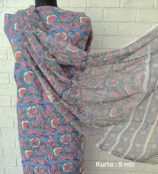 (All over) Hand Block Printed Cotton Suit with Cotton Kota Doria dupatta