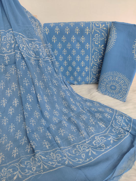 Hand Block Printed Cotton Suit with Pure Chiffon dupatta