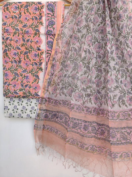 Hand Block Printed Cotton Suit with Cotton Kota Doria dupatta