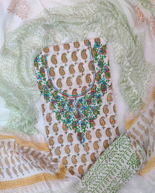 (SALE) Cotton Printed Neck Work Suits with mulmul dupatta