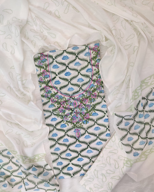(SALE) Cotton Printed Neck Work Suits with mulmul dupatta