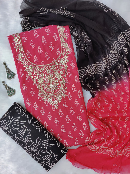 FLORAL PRINTED COTTON GOTA PATTI SUIT WITH CHIFFON DUPATTA