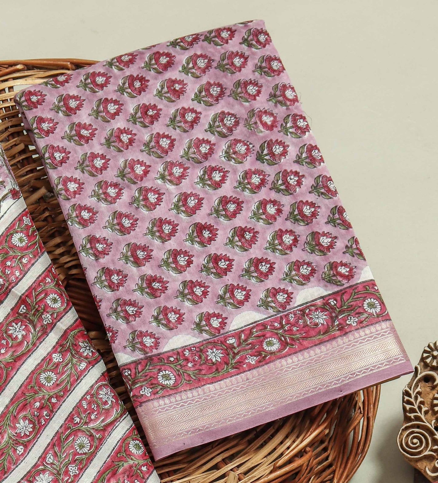 Hand Block Printed Maheshwari Silk Suit with Maheshwari Silk Dupatta