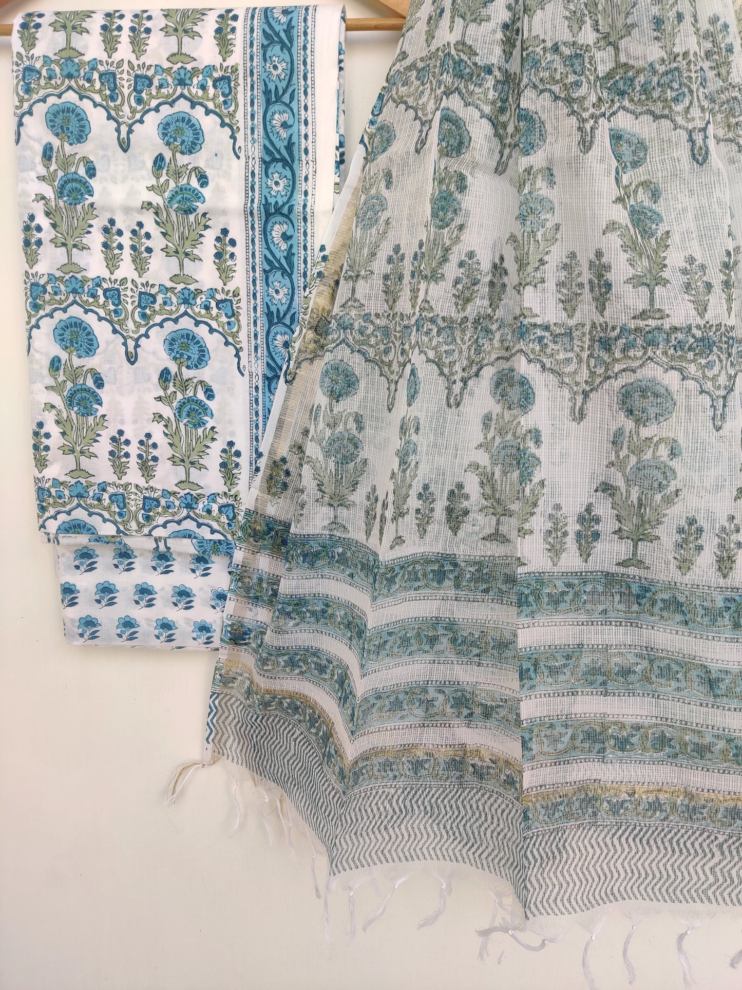 Hand Block Printed Cotton Suit with Cotton Kota Doria dupatta