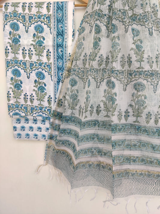 Hand Block Printed Cotton Suit with Cotton Kota Doria dupatta