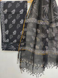 (Black) Hand Block Printed Cotton Suit with Cotton Kota Doria dupatta