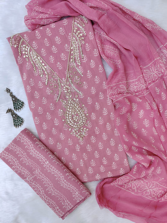 FLORAL PRINTED COTTON GOTA PATTI SUIT WITH CHIFFON DUPATTA