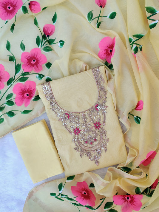 COTTON CHANDERI GOTA PATTI SUIT WITH BRUSH PAINTED COTTON CHANDERI DUPATTA
