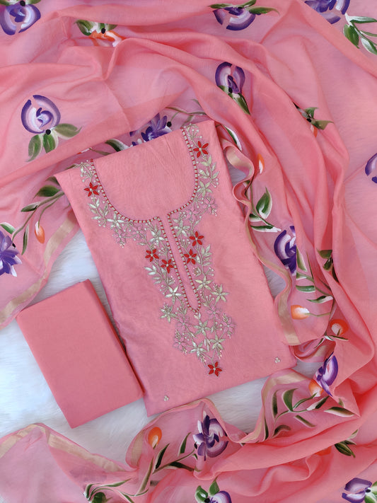 COTTON CHANDERI GOTA PATTI SUIT WITH BRUSH PAINTED COTTON CHANDERI DUPATTA