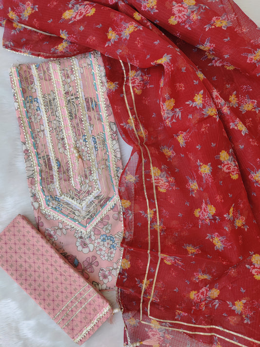 FLORAL PRINTED COTTON GOTA LACE SUIT WITH KOTA DORIA DUPATTA