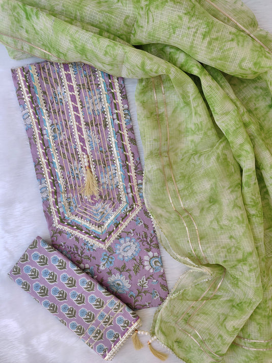 FLORAL PRINTED COTTON GOTA LACE SUIT WITH KOTA DORIA DUPATTA