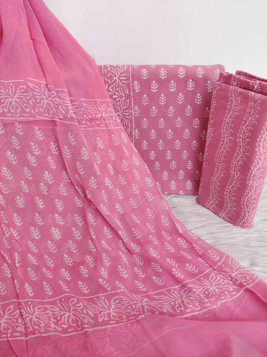 HAND BLOCK PRINTED COTTON SUIT WITH PURE CHIFFON DUPATTA