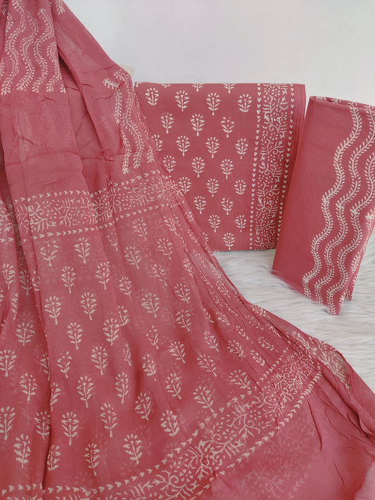 HAND BLOCK PRINTED COTTON SUIT WITH PURE CHIFFON DUPATTA