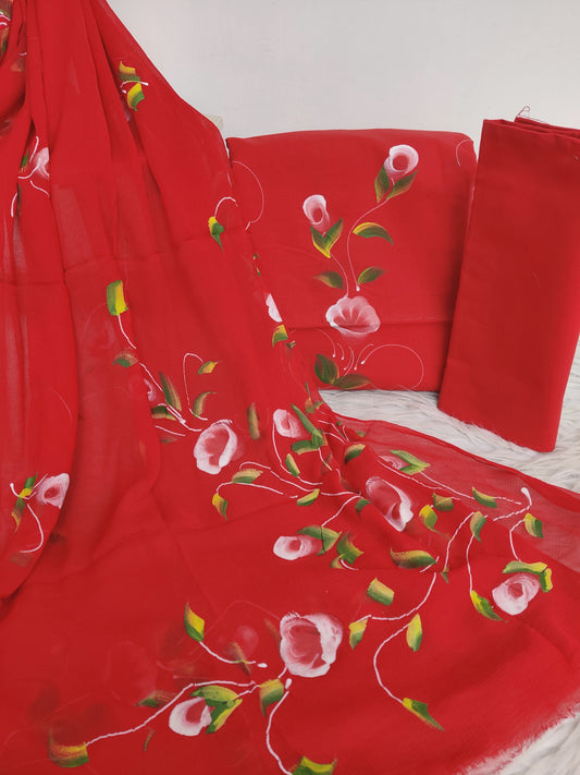 HAND PAINTED COTTON SUIT WITH PURE CHIFFON DUPATTA