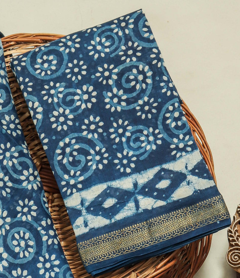 Indigo Blue Hand Block Printed Maheshwari Silk Suit with Maheshwari Silk Dupatta