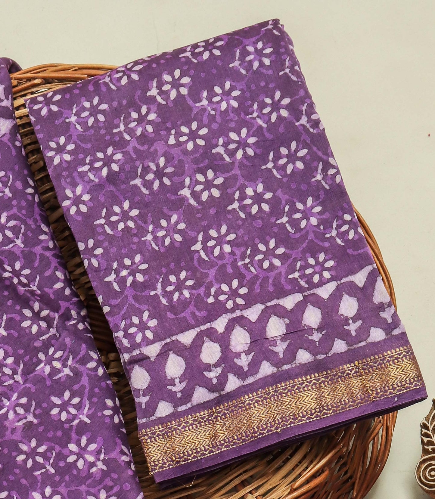 Hand Block Printed Maheshwari Silk Suit with Maheshwari Silk Dupatta