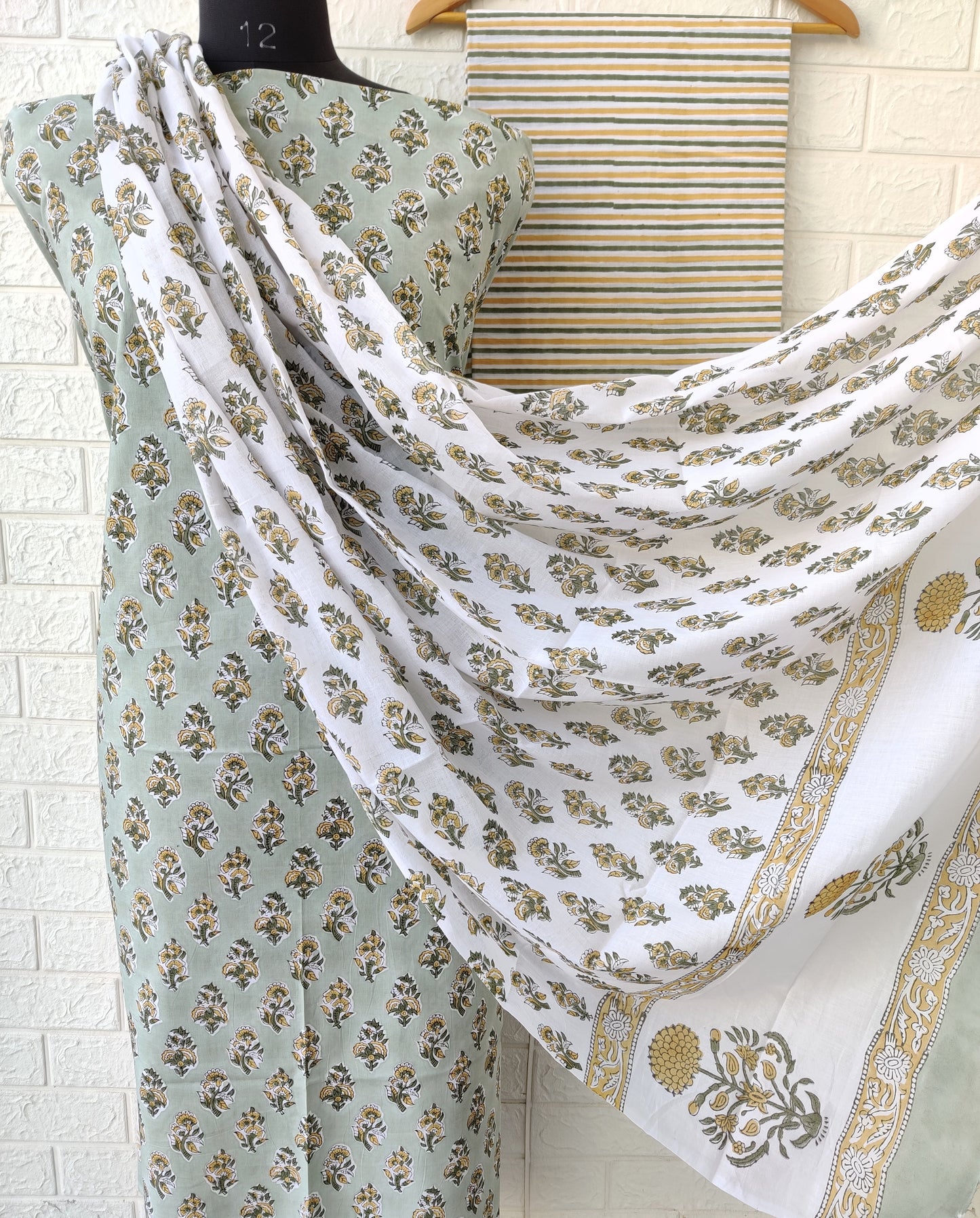 Hand Block Printed Cotton Suit with Mulmul dupatta