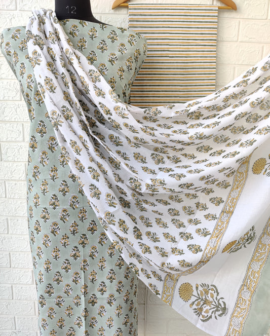 Hand Block Printed Cotton Suit with Mulmul dupatta