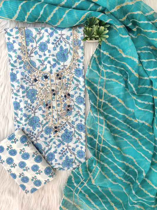 (SALE) FLORAL PRINTED COTTON GOTA LACE SUIT WITH KOTA DORIA DUPATTA