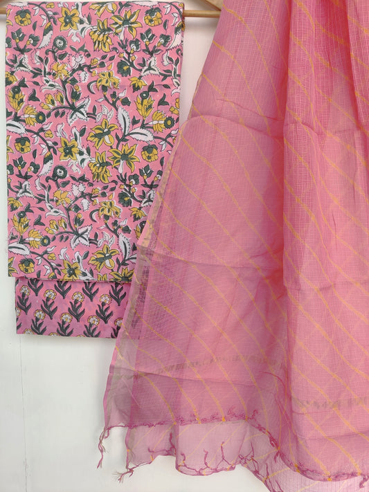 BLOCK PRINTED COTTON SUIT WITH LEHRIYA KOTA DORIA DUPATTA