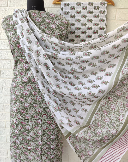 Hand Block Printed Cotton Suit With Mulmul Cotton Dupatta