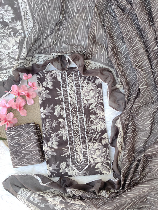 Cotton Printed Neck Work Suits with mulmul dupatta
