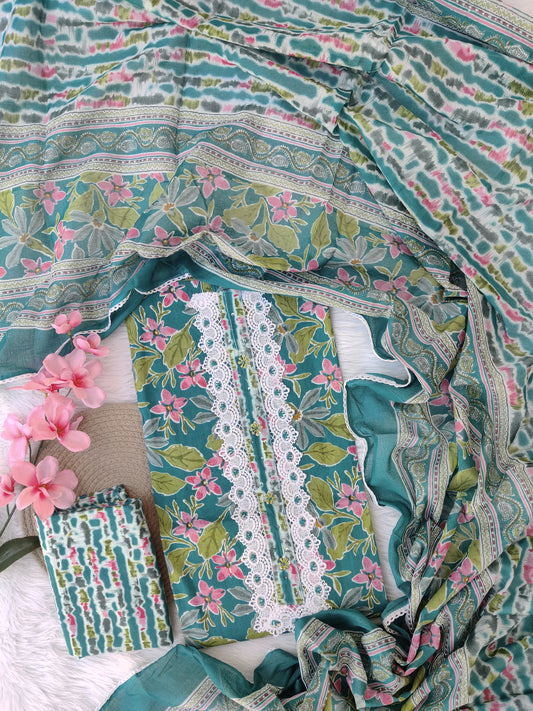 Cotton Printed Neck Work Suits with mulmul dupatta