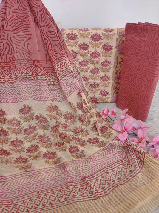 HAND BLOCK PRINTED COTTON SUIT WITH PURE CHIFFON DUPATTA