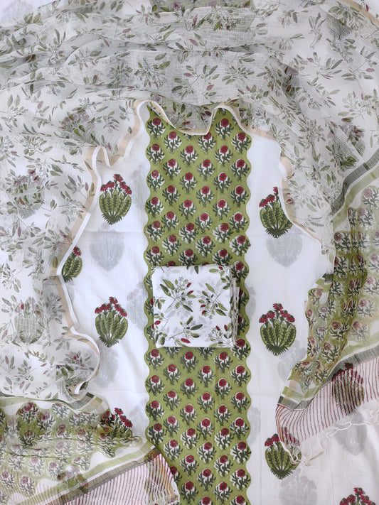 Hand Block Printed Cotton Suit with Cotton Kota Doria dupatta