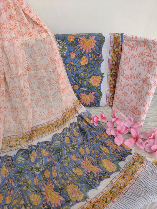 HAND BLOCK PRINTED COTTON SUIT WITH PURE CHIFFON DUPATTA
