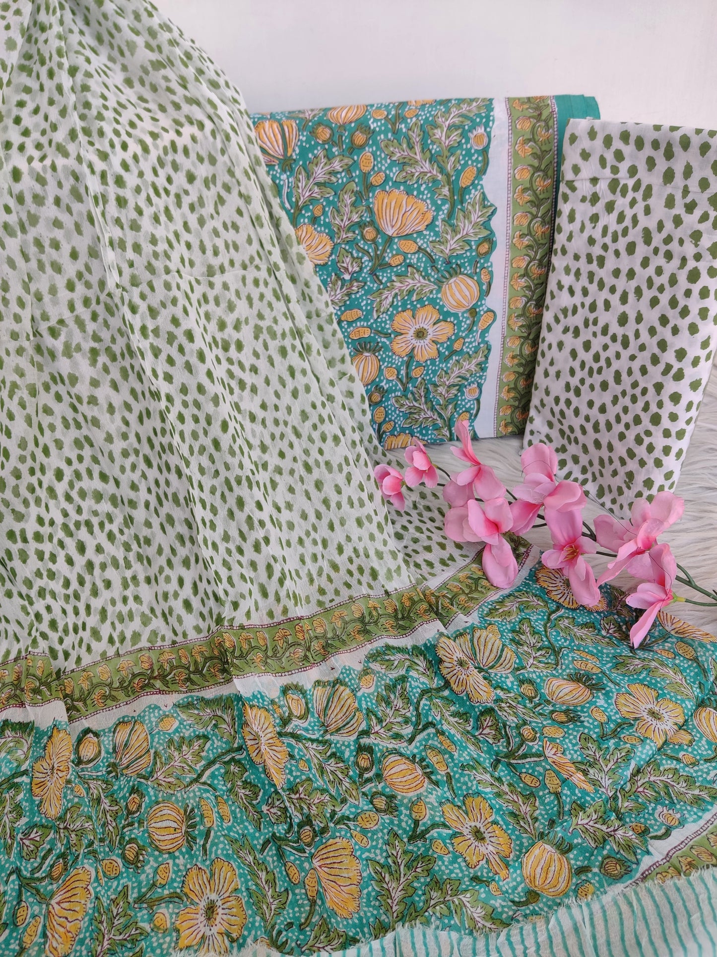 HAND BLOCK PRINTED COTTON SUIT WITH PURE CHIFFON DUPATTA