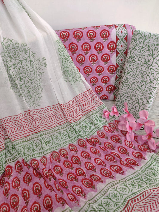HAND BLOCK PRINTED COTTON SUIT WITH PURE CHIFFON DUPATTA