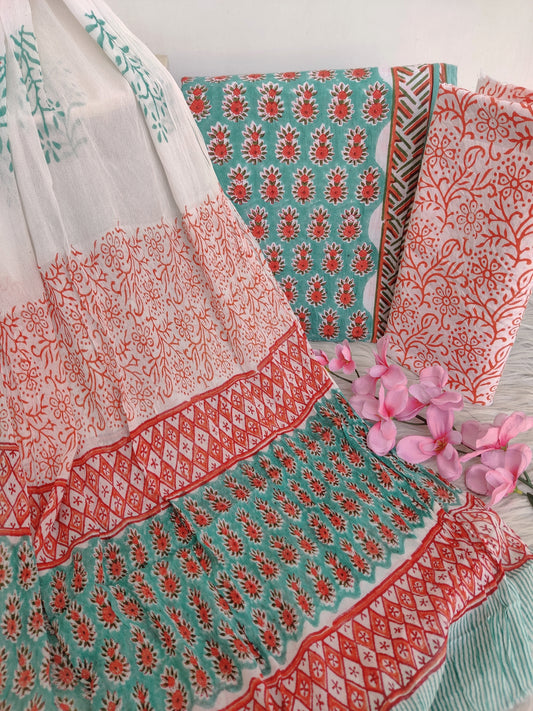 HAND BLOCK PRINTED COTTON SUIT WITH PURE CHIFFON DUPATTA