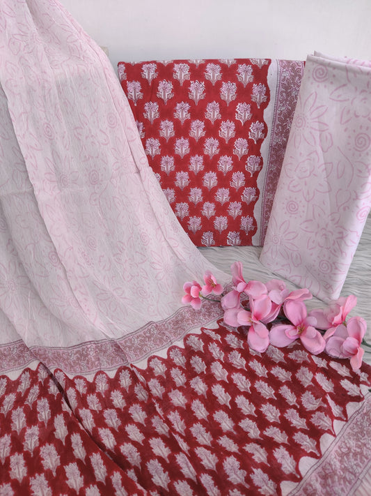 HAND BLOCK PRINTED COTTON SUIT WITH PURE CHIFFON DUPATTA