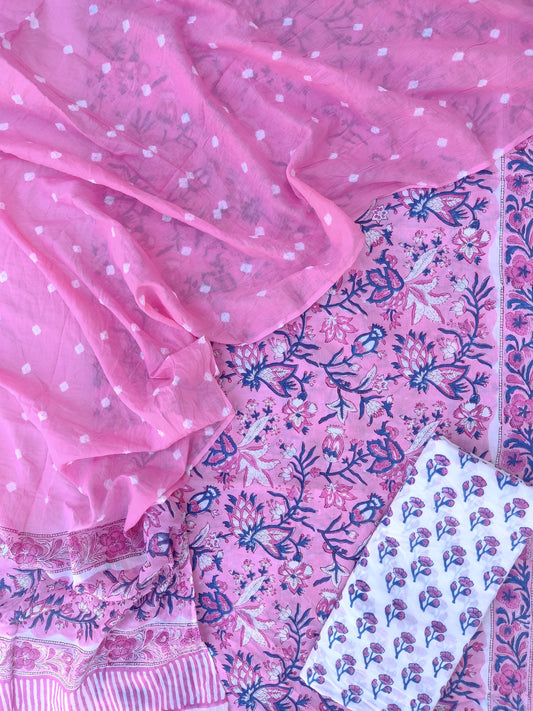 Hand Block Printed Cotton Suits with Mulmul Bandhej Dupatta