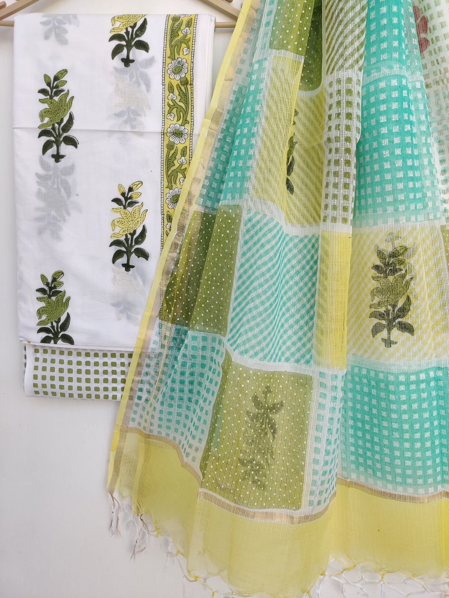 Hand Block Printed Cotton Suit with Cotton Kota Doria dupatta