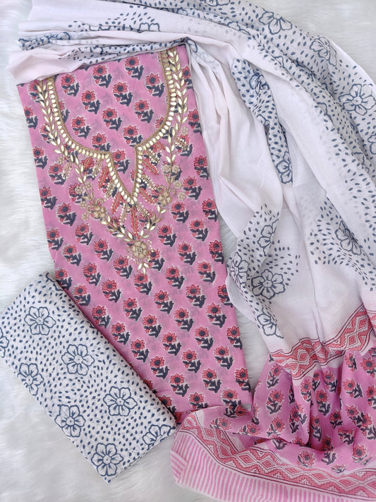 FLORAL PRINTED COTTON GOTA PATTI SUIT WITH COTTON DUPATTA