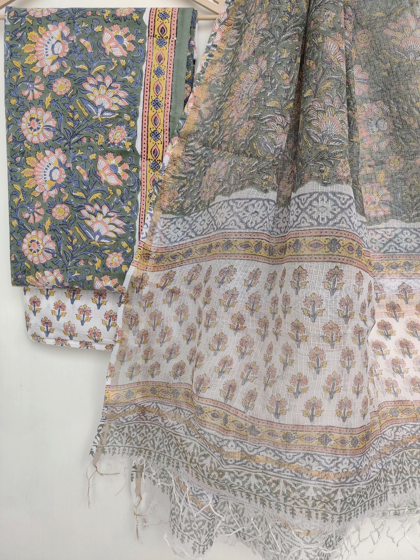 Hand Block Printed Cotton Suit with Cotton Kota Doria dupatta