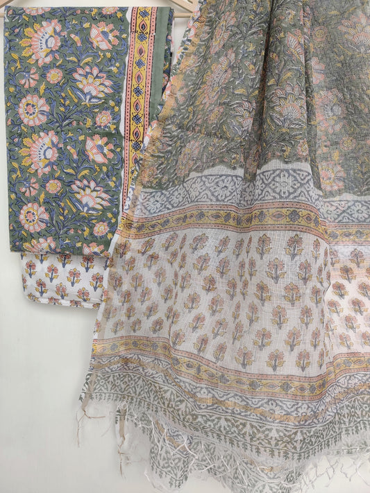 Hand Block Printed Cotton Suit with Cotton Kota Doria dupatta