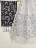 (Black & White) Hand Block Printed Cotton Suit with Cotton Kota Doria dupatta