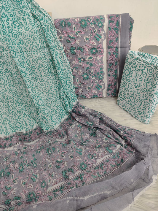 HAND BLOCK PRINTED COTTON SUIT WITH PURE CHIFFON DUPATTA