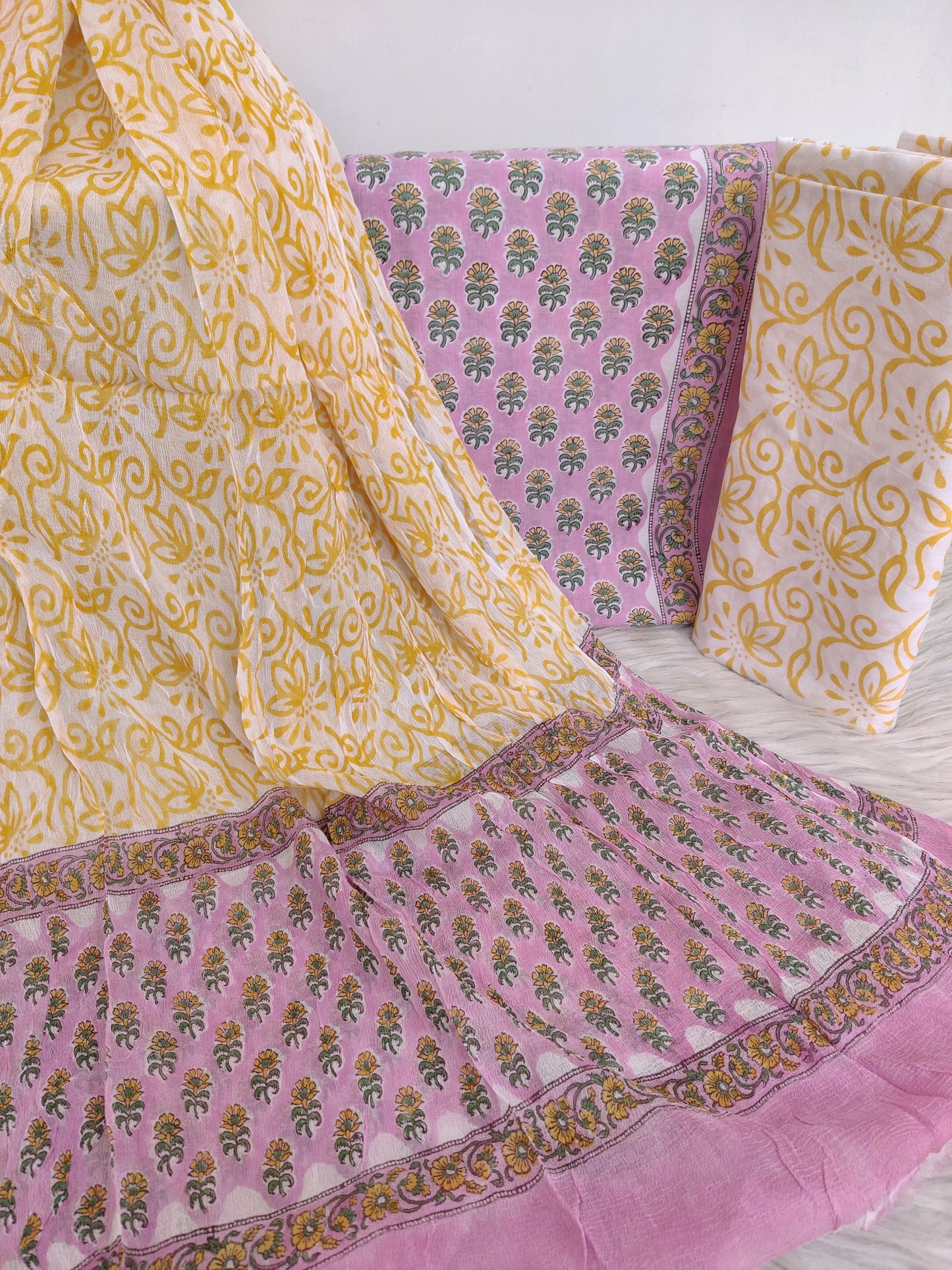 HAND BLOCK PRINTED COTTON SUIT WITH PURE CHIFFON DUPATTA