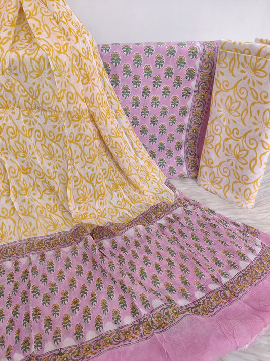 HAND BLOCK PRINTED COTTON SUIT WITH PURE CHIFFON DUPATTA
