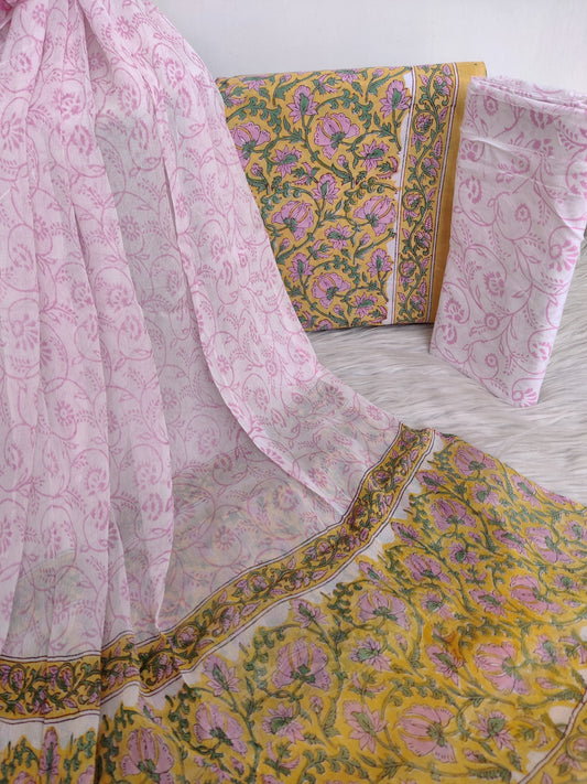 HAND BLOCK PRINTED COTTON SUIT WITH PURE CHIFFON DUPATTA